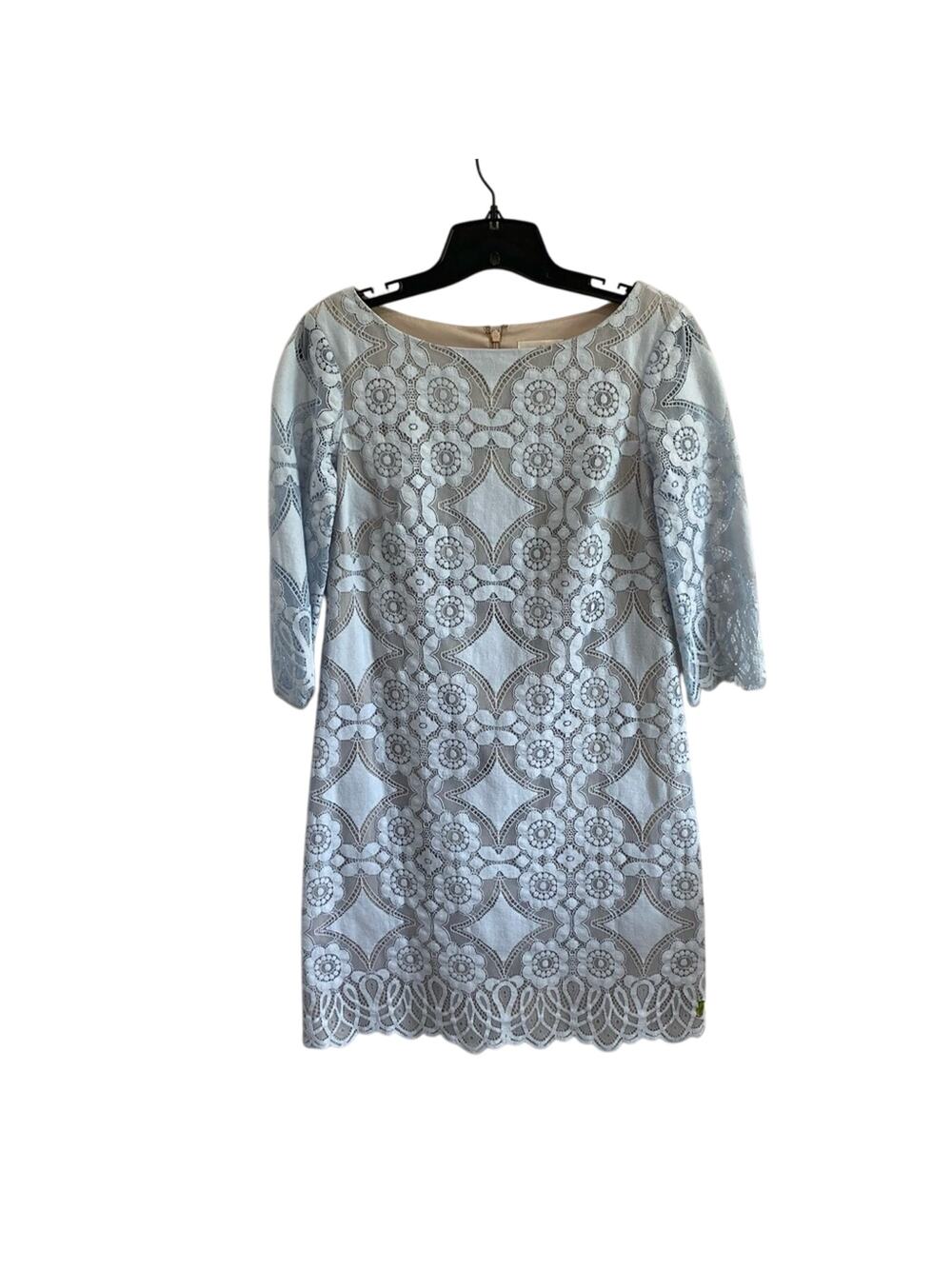 Eliza J Pastel Blue Tan Lace Sheath Dress 3/4 Sleeve Elegant Size 6